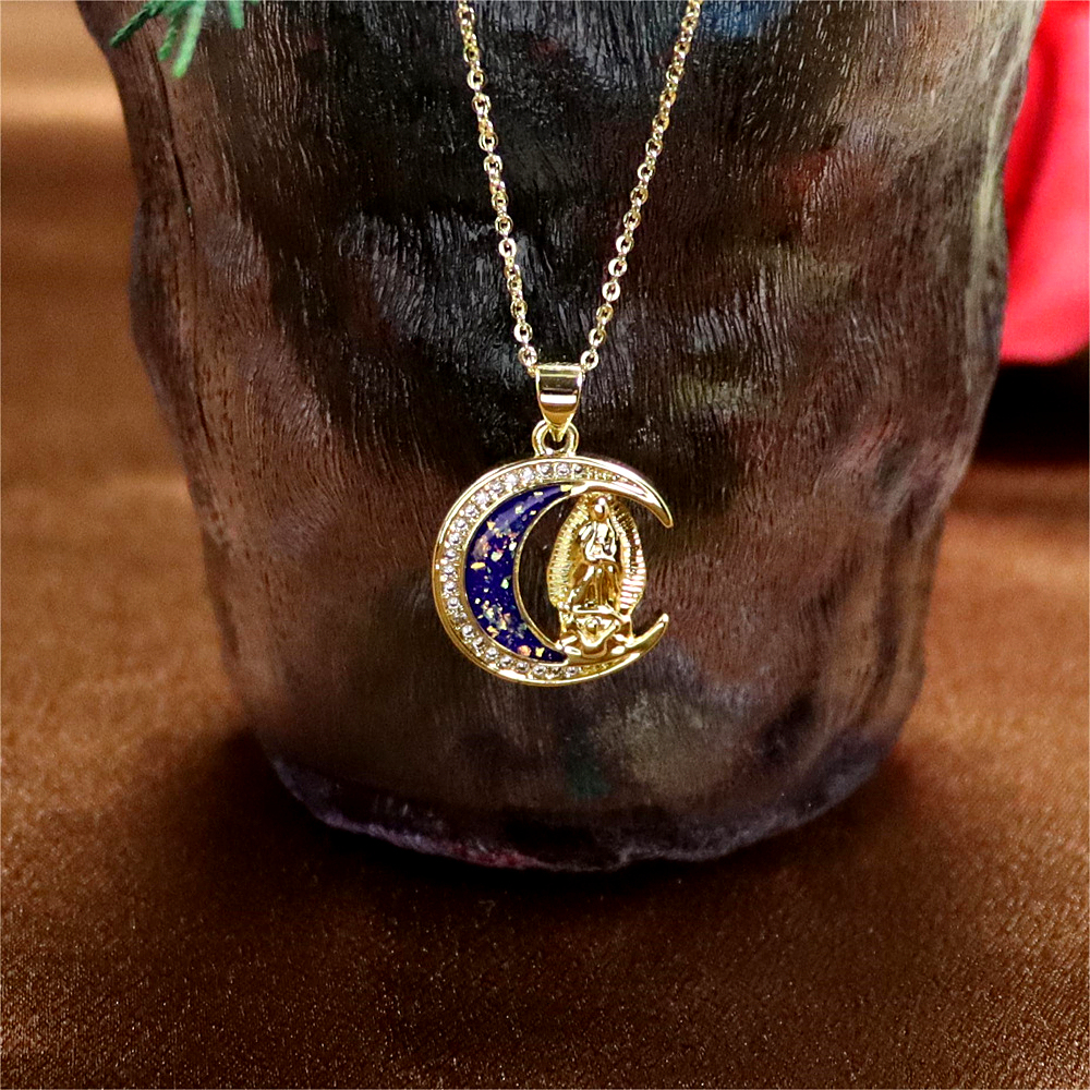 Gold-Plated Copper Madonna of the Moon Pendant Necklace with Opal – Personalized Collarbone Chain Trend