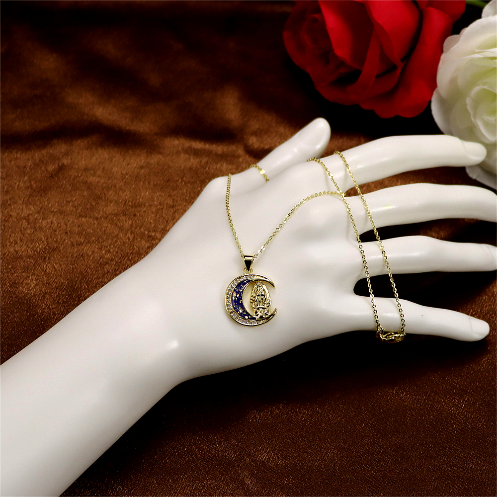 Gold-Plated Copper Madonna of the Moon Pendant Necklace with Opal – Personalized Collarbone Chain Trend