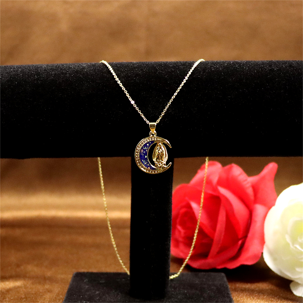 Gold-Plated Copper Madonna of the Moon Pendant Necklace with Opal – Personalized Collarbone Chain Trend