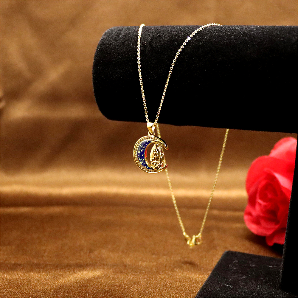 Gold-Plated Copper Madonna of the Moon Pendant Necklace with Opal – Personalized Collarbone Chain Trend
