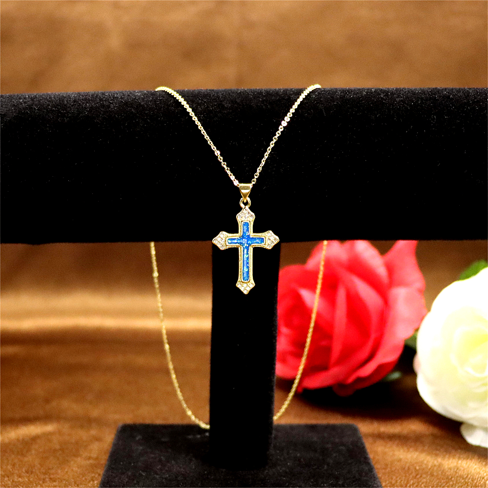 Gold-Plated Copper Cross Pendant Necklace with Opal – Fashionable Collarbone Chain