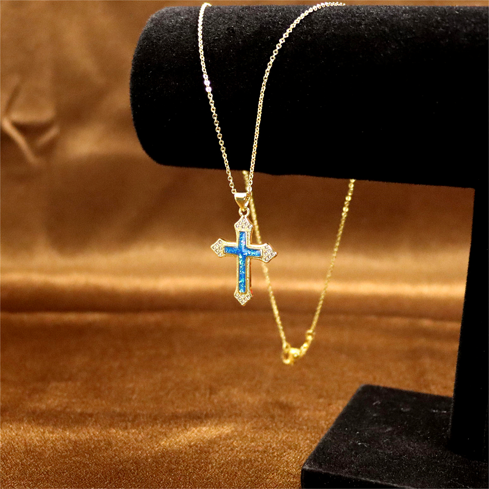 Gold-Plated Copper Cross Pendant Necklace with Opal – Fashionable Collarbone Chain