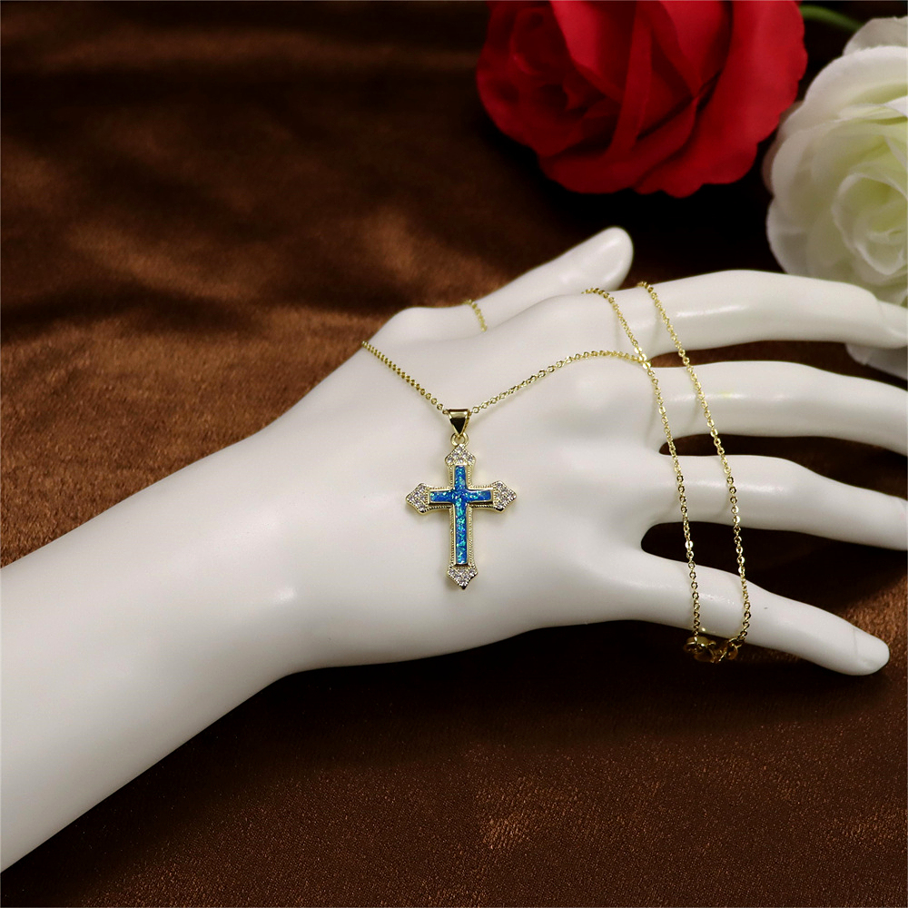 Gold-Plated Copper Cross Pendant Necklace with Opal – Fashionable Collarbone Chain