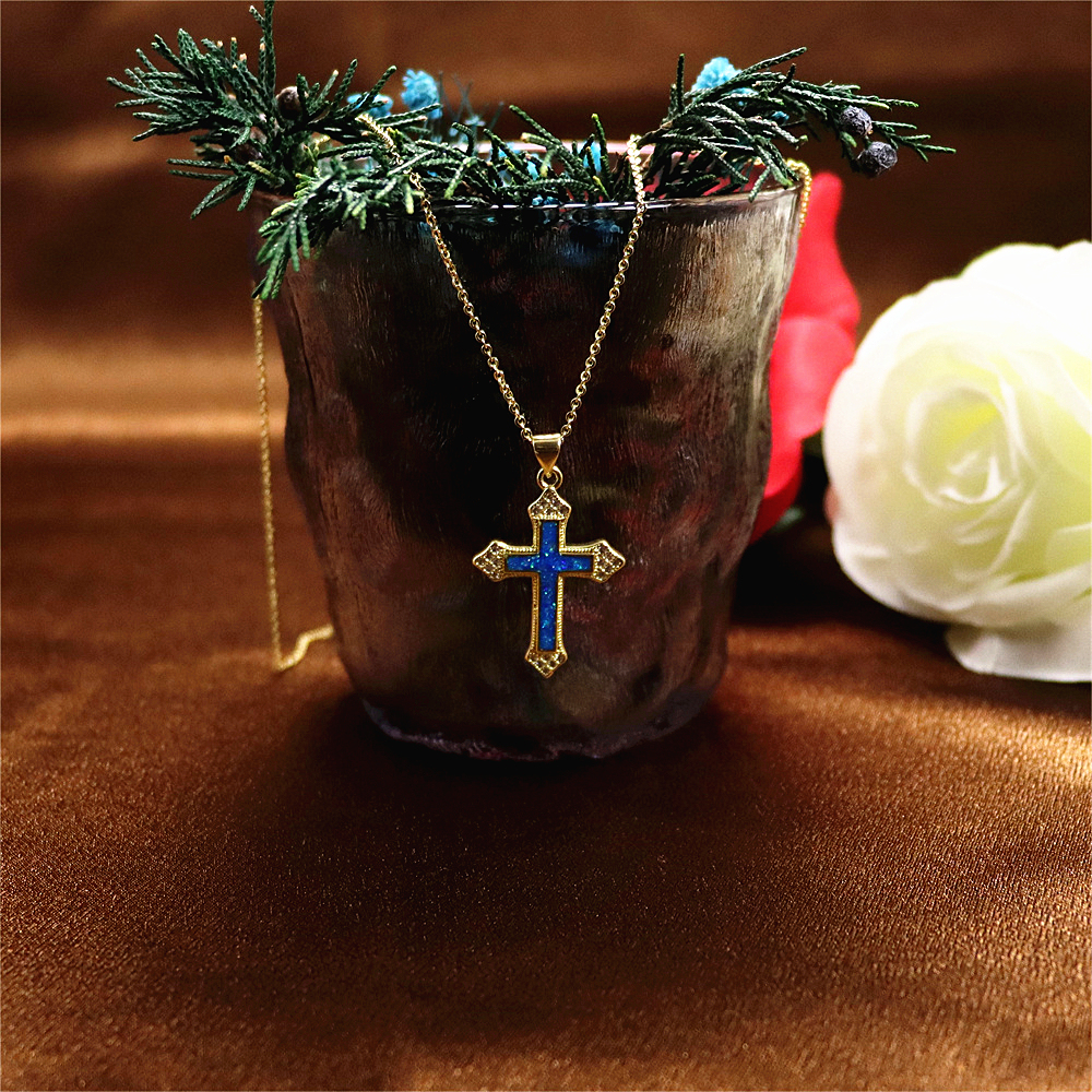 Gold-Plated Copper Cross Pendant Necklace with Opal – Fashionable Collarbone Chain