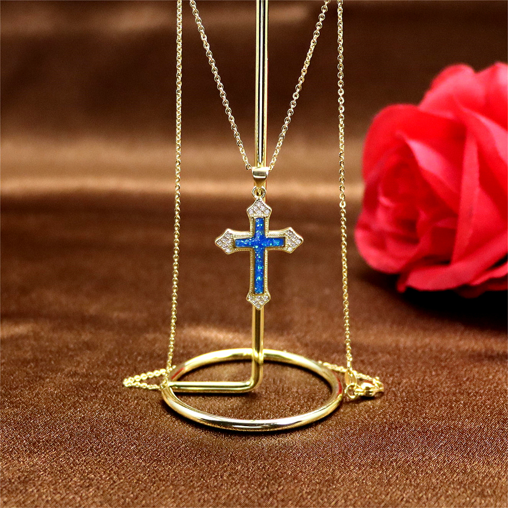 Gold-Plated Copper Cross Pendant Necklace with Opal – Fashionable Collarbone Chain