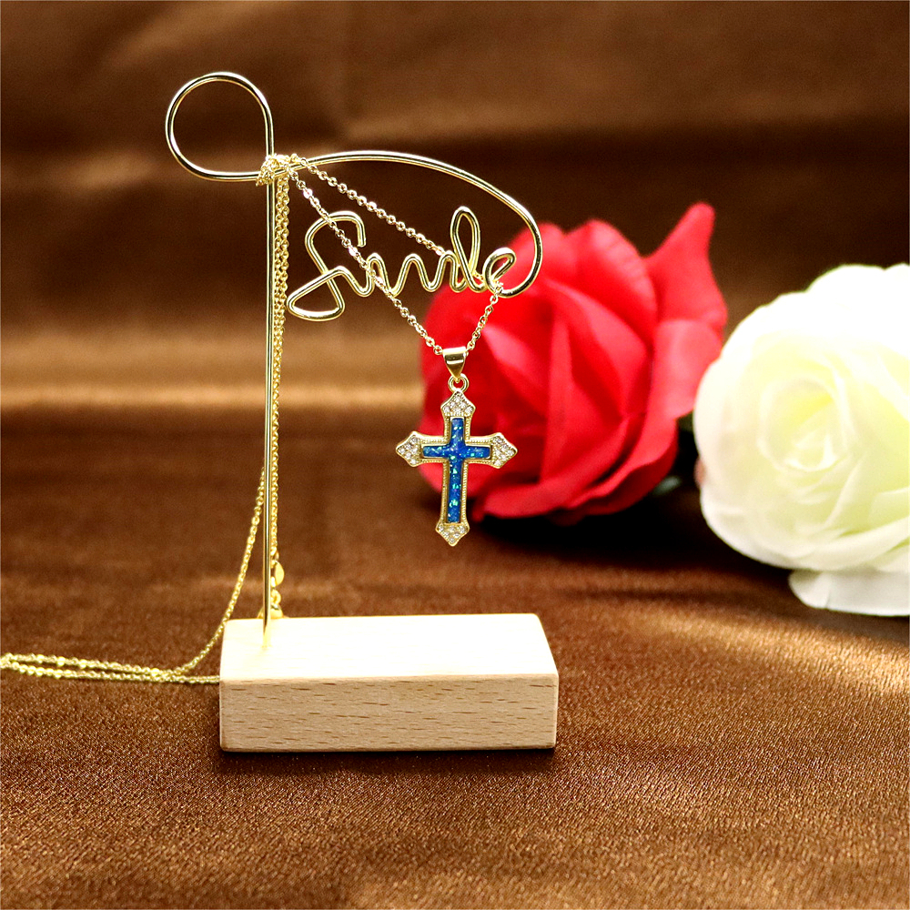 Gold-Plated Copper Cross Pendant Necklace with Opal – Fashionable Collarbone Chain