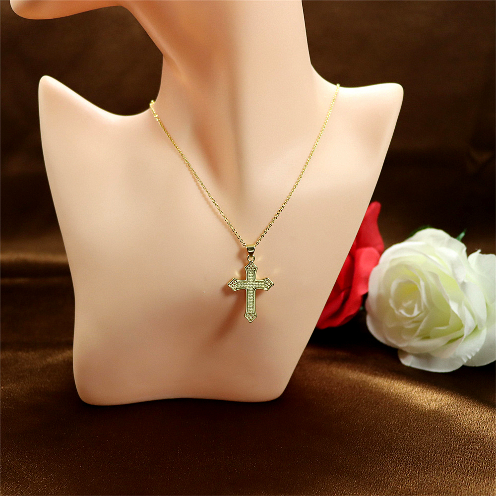 Gold-Plated Copper Cross Pendant Necklace with Opal – Fashionable Collarbone Chain