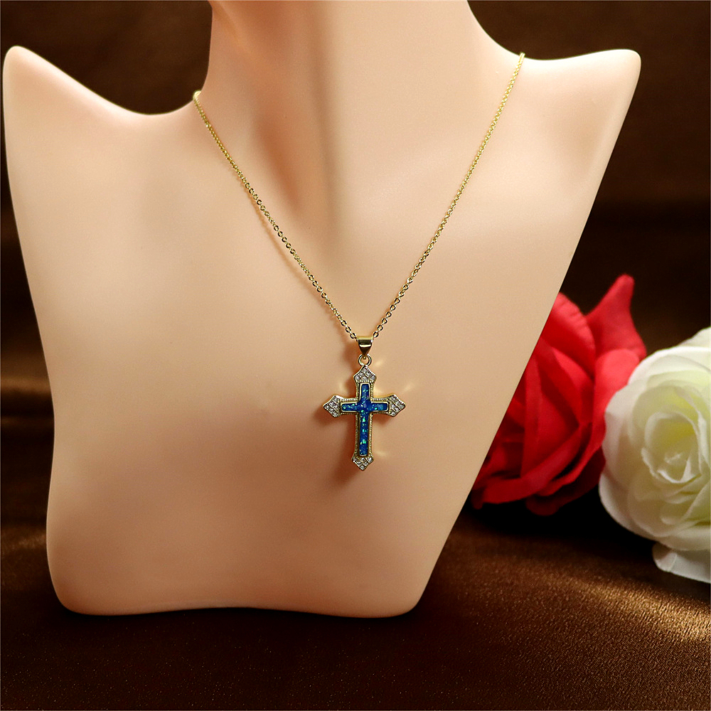 Gold-Plated Copper Cross Pendant Necklace with Opal – Fashionable Collarbone Chain