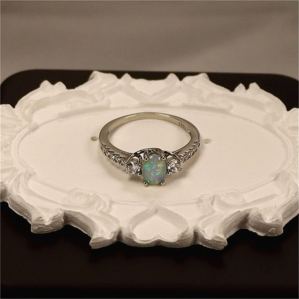 Silver S925 Set with Colorful Diamond Aobao Opal Stone Three Diamond Shining Women's Ring and Diamond Ring
