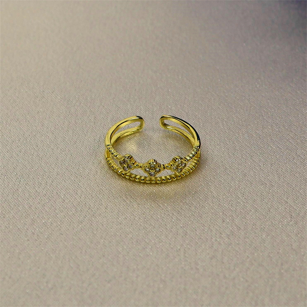 Gold Tiny Flower Ring with CZ, Dainty Double Band, Silver Four Leaf Clover Adjustable Minimalist Ring