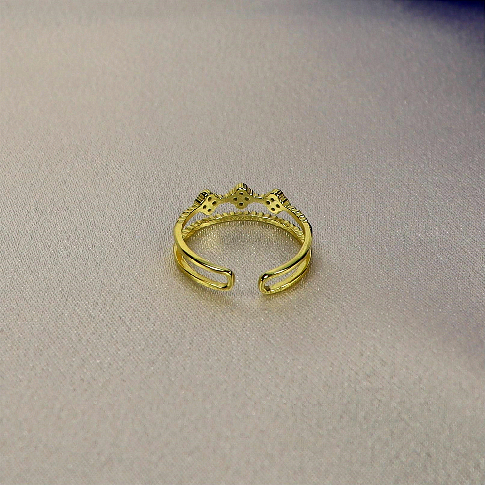 Gold Tiny Flower Ring with CZ, Dainty Double Band, Silver Four Leaf Clover Adjustable Minimalist Ring