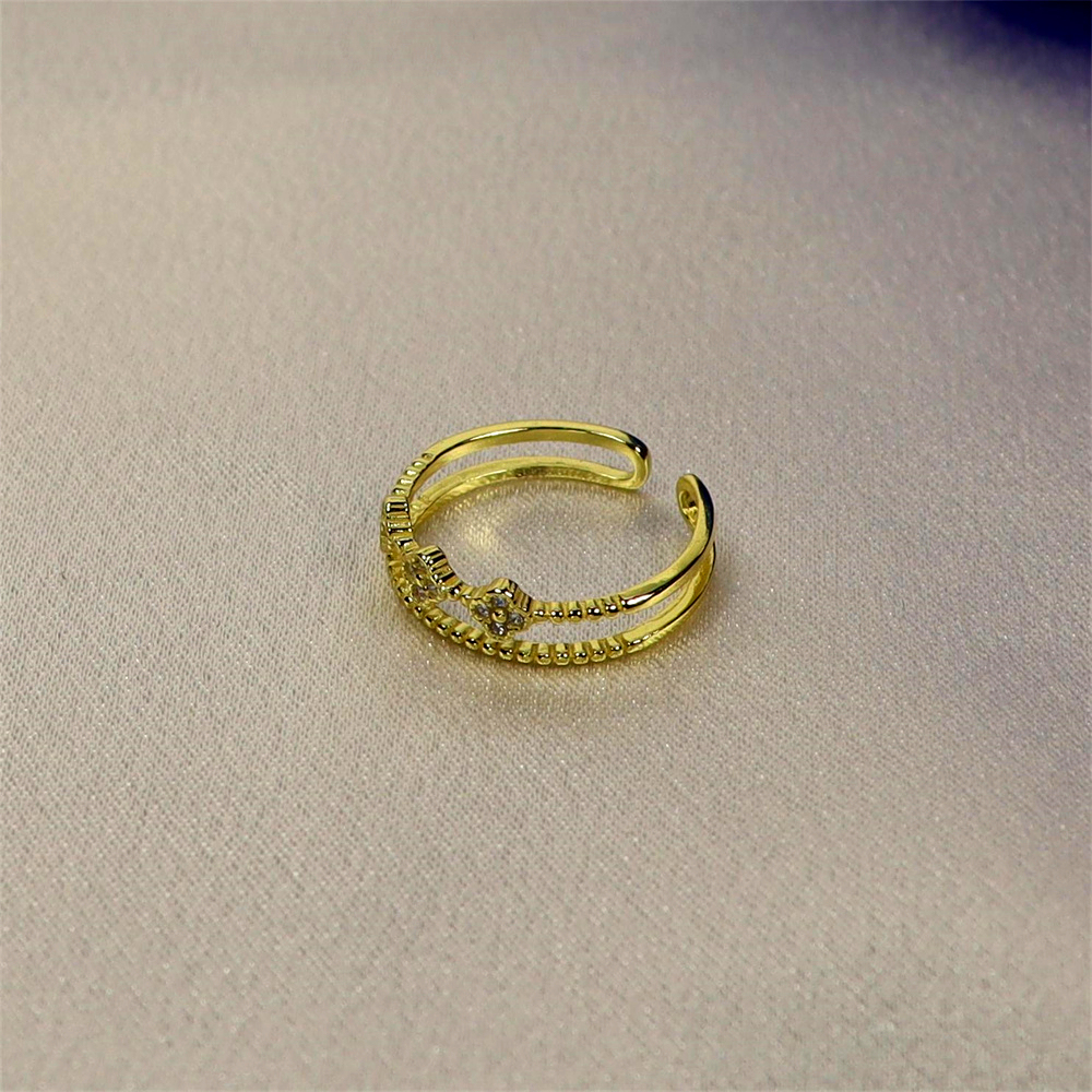 Gold Tiny Flower Ring with CZ, Dainty Double Band, Silver Four Leaf Clover Adjustable Minimalist Ring