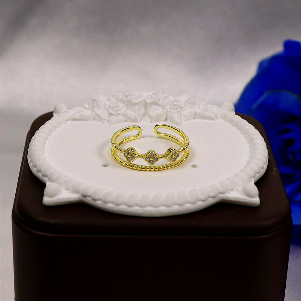 Gold Tiny Flower Ring with CZ, Dainty Double Band, Silver Four Leaf Clover Adjustable Minimalist Ring