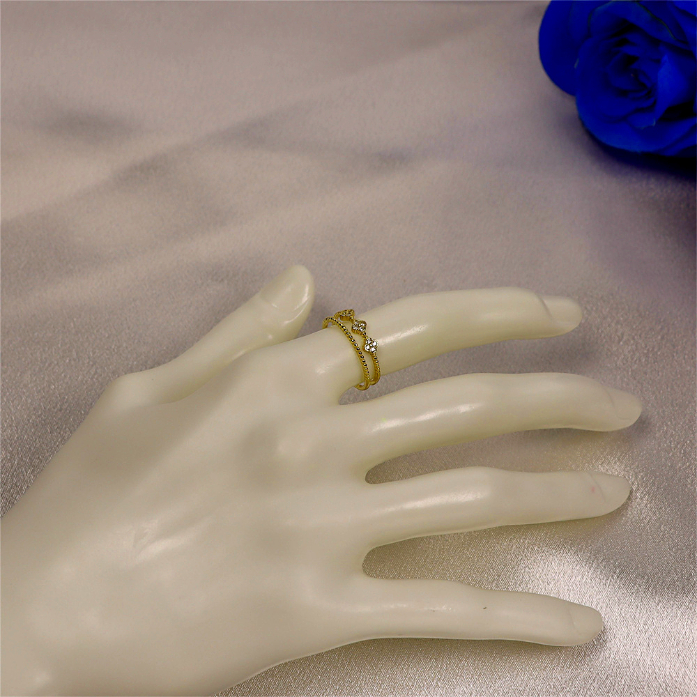 Gold Tiny Flower Ring with CZ, Dainty Double Band, Silver Four Leaf Clover Adjustable Minimalist Ring