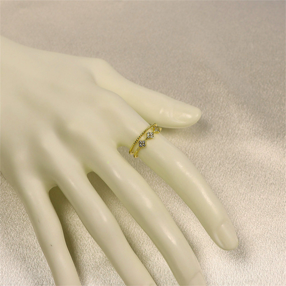 Gold Tiny Flower Ring with CZ, Dainty Double Band, Silver Four Leaf Clover Adjustable Minimalist Ring