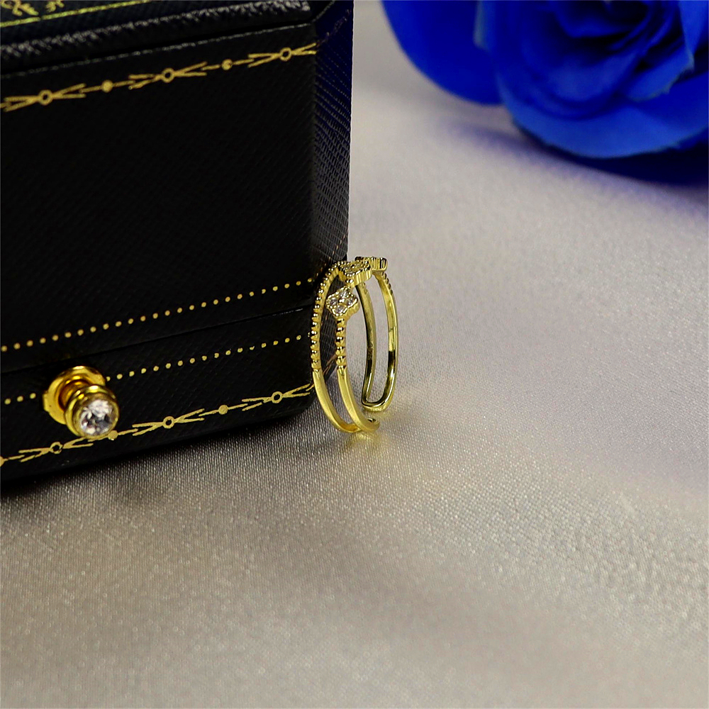 Gold Tiny Flower Ring with CZ, Dainty Double Band, Silver Four Leaf Clover Adjustable Minimalist Ring