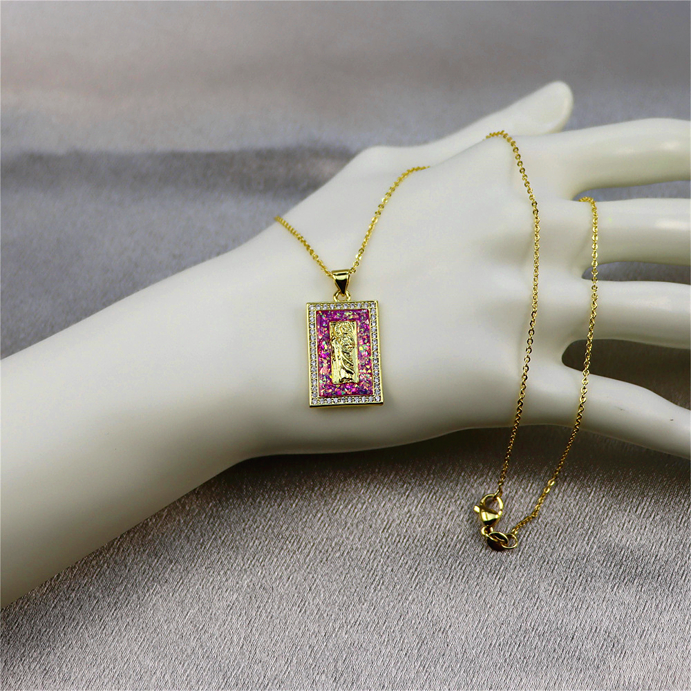 Gold-Plated Copper Rectangular Monk Pendant Necklace with Opal – Unique and Rare Collarbone Chain Jewelry