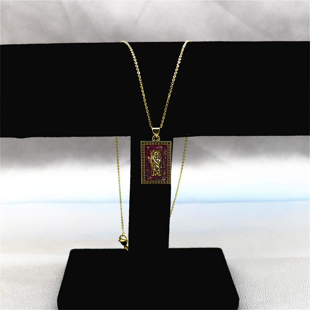 Gold-Plated Copper Rectangular Monk Pendant Necklace with Opal – Unique and Rare Collarbone Chain Jewelry
