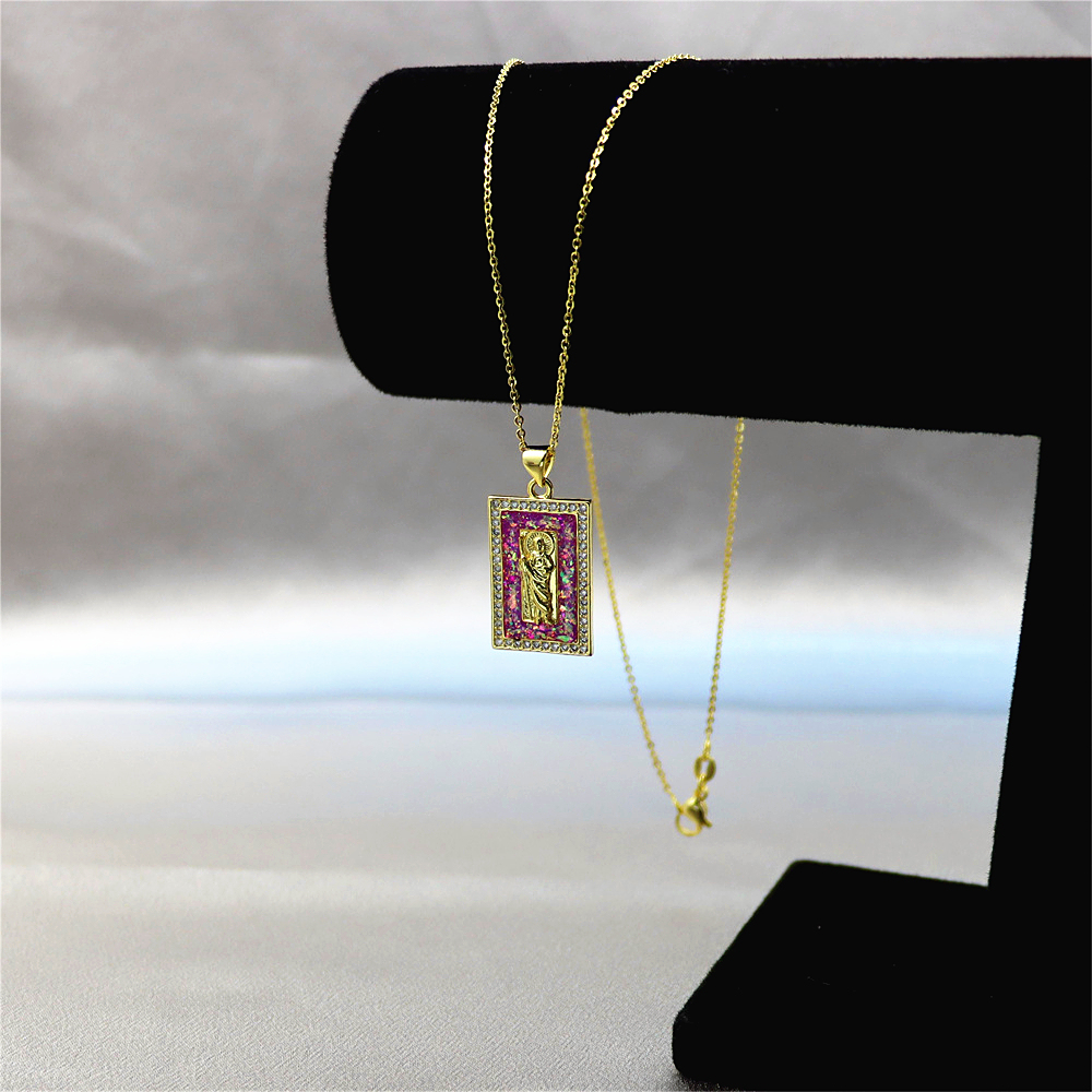 Gold-Plated Copper Rectangular Monk Pendant Necklace with Opal – Unique and Rare Collarbone Chain Jewelry