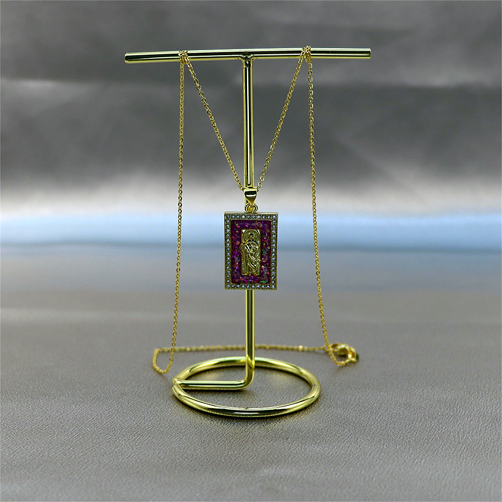Gold-Plated Copper Rectangular Monk Pendant Necklace with Opal – Unique and Rare Collarbone Chain Jewelry