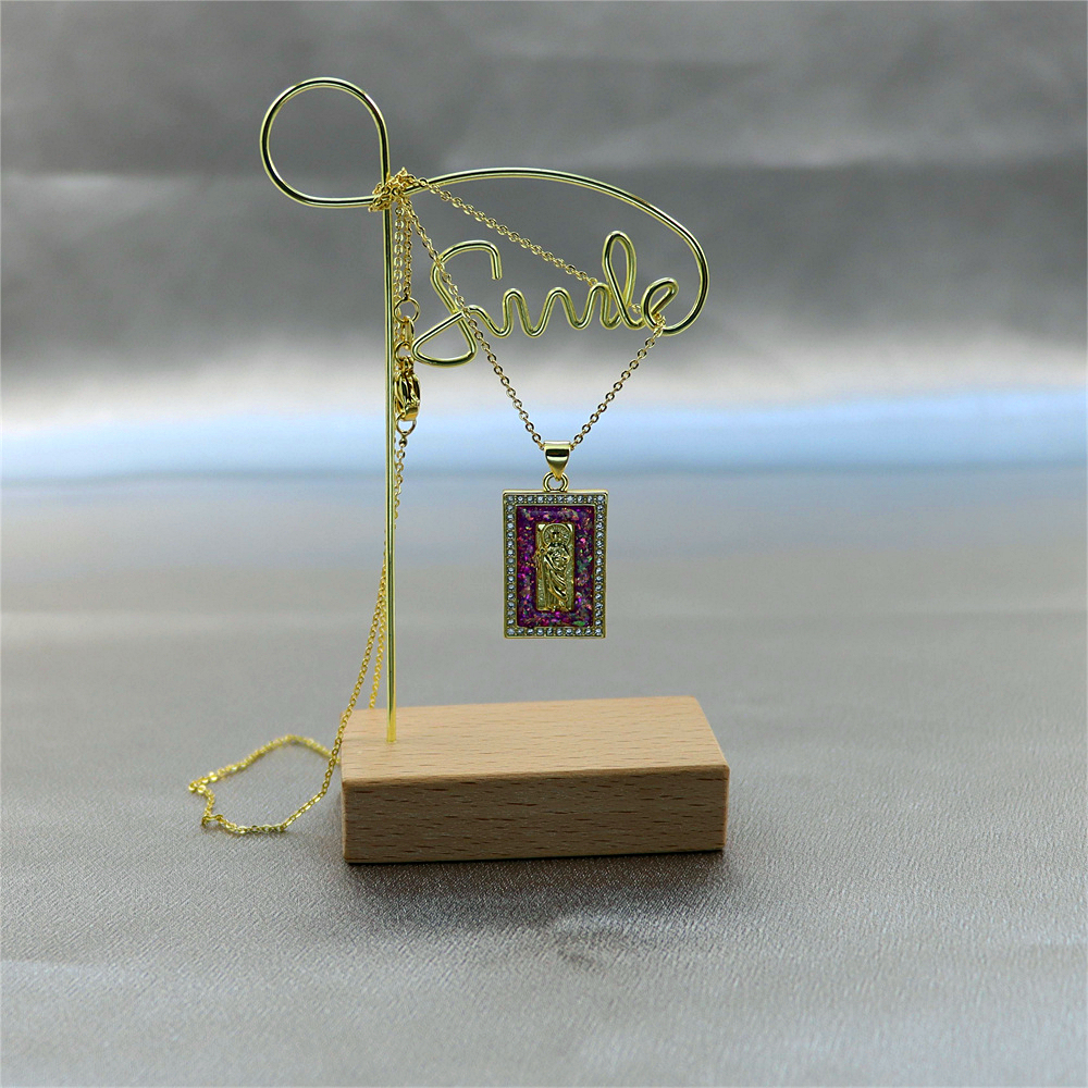 Gold-Plated Copper Rectangular Monk Pendant Necklace with Opal – Unique and Rare Collarbone Chain Jewelry