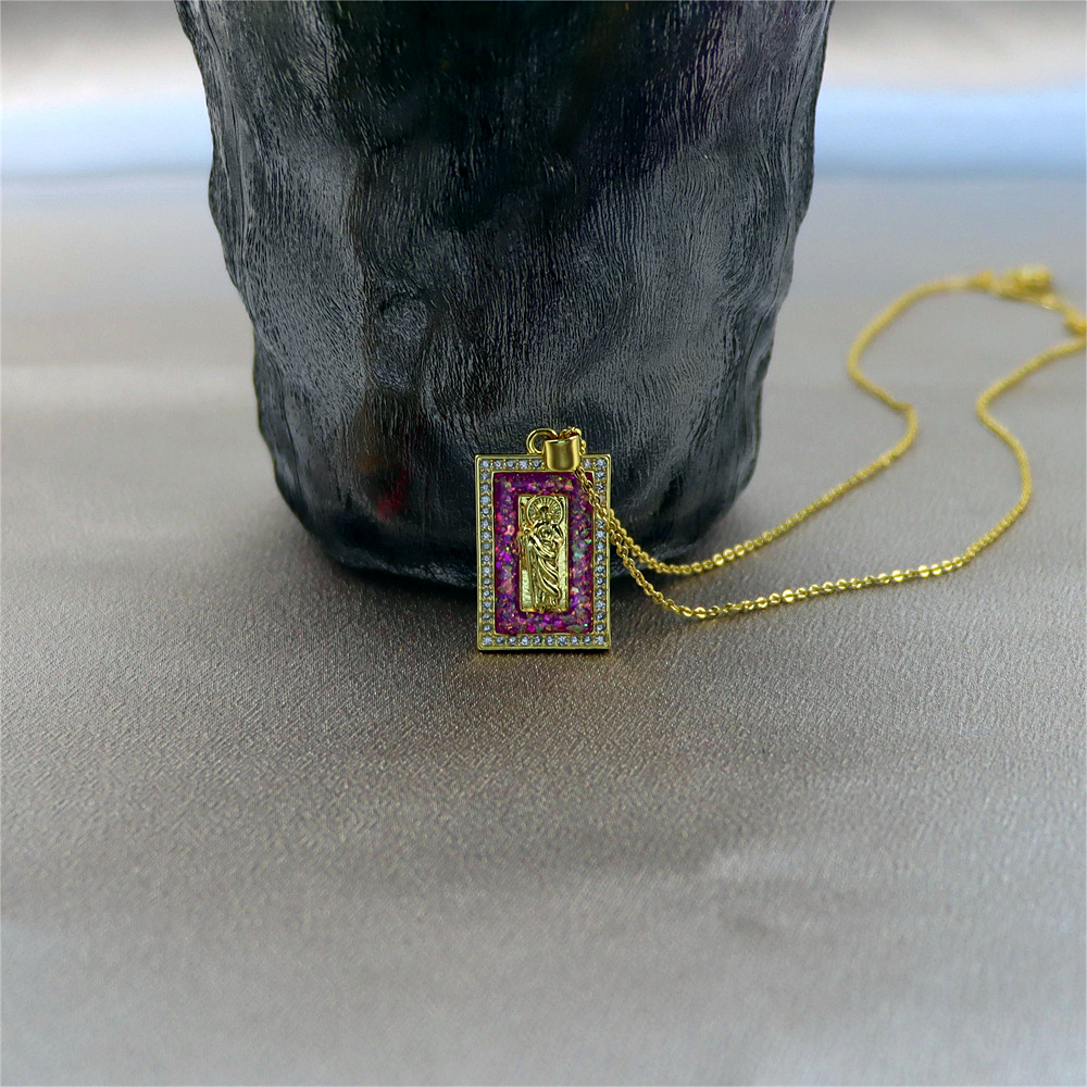 Gold-Plated Copper Rectangular Monk Pendant Necklace with Opal – Unique and Rare Collarbone Chain Jewelry