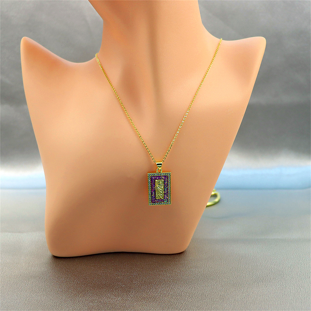 Gold-Plated Copper Rectangular Monk Pendant Necklace with Opal – Unique and Rare Collarbone Chain Jewelry