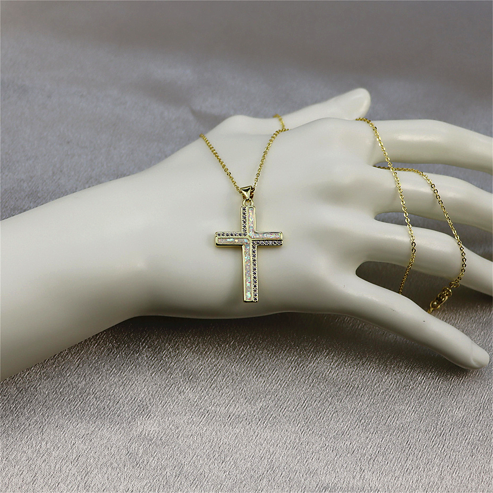 Opal Copper-Plated Gold Cross Pendant Necklace with Collar Chain