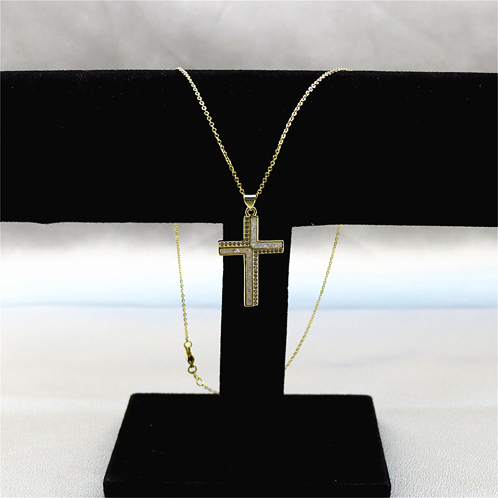 Opal Copper-Plated Gold Cross Pendant Necklace with Collar Chain