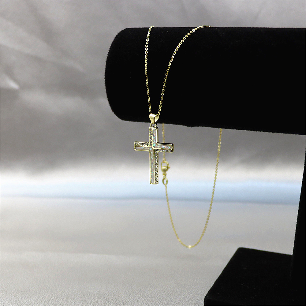 Opal Copper-Plated Gold Cross Pendant Necklace with Collar Chain