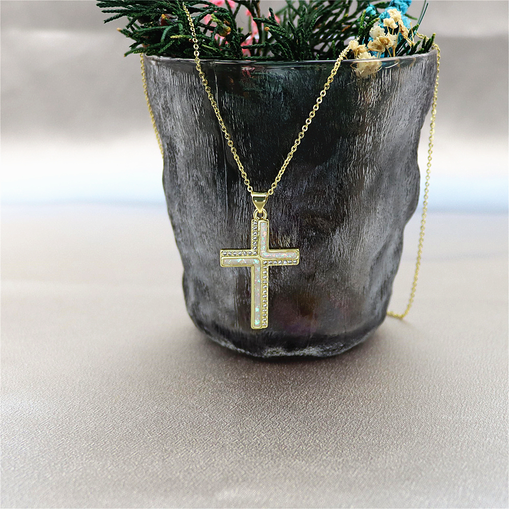Opal Copper-Plated Gold Cross Pendant Necklace with Collar Chain