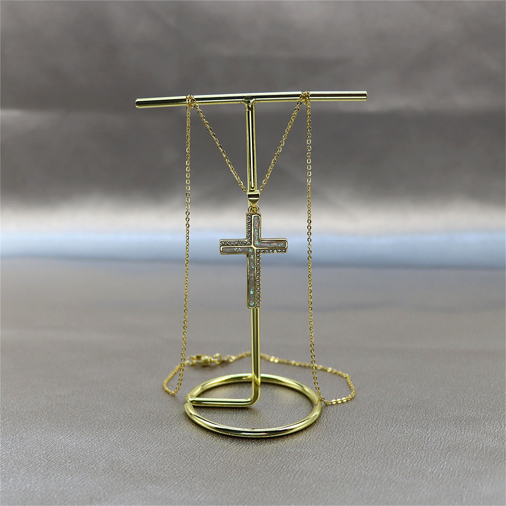 Opal Copper-Plated Gold Cross Pendant Necklace with Collar Chain