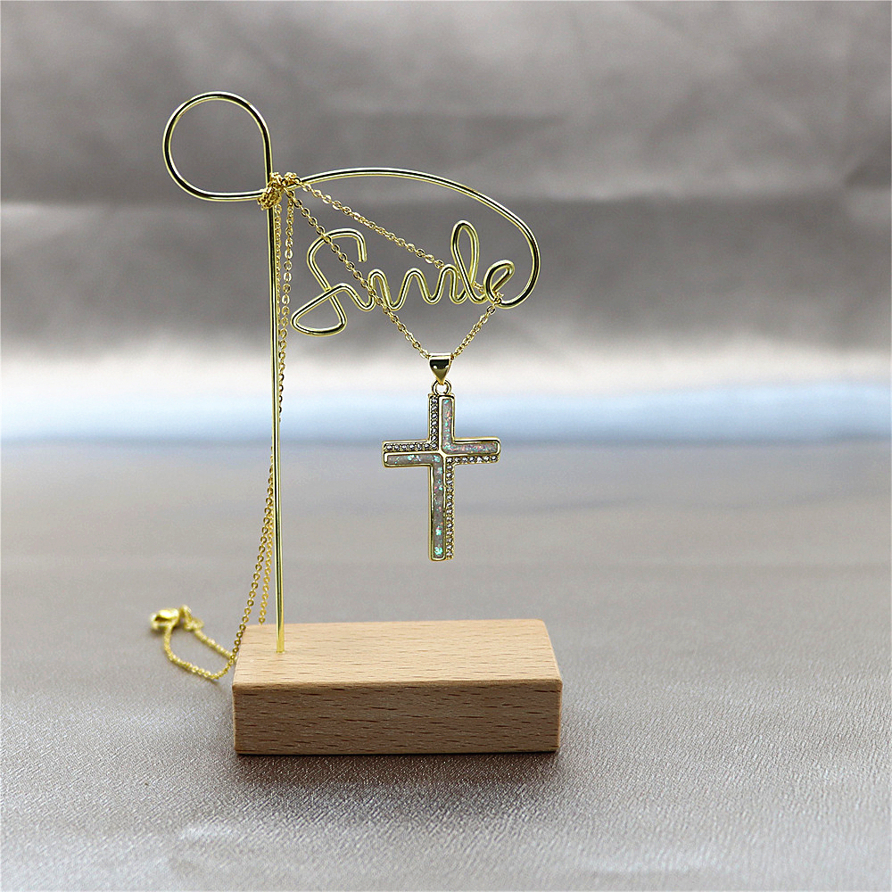 Opal Copper-Plated Gold Cross Pendant Necklace with Collar Chain