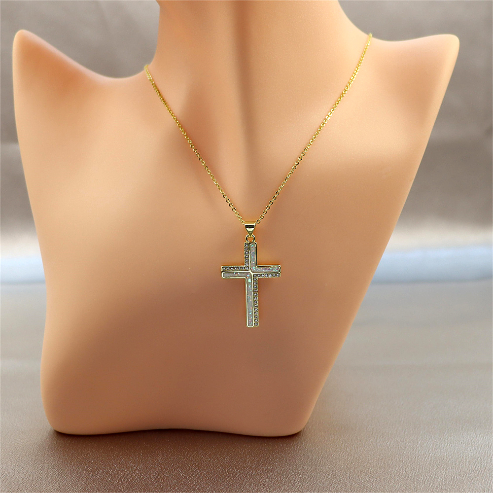 Opal Copper-Plated Gold Cross Pendant Necklace with Collar Chain