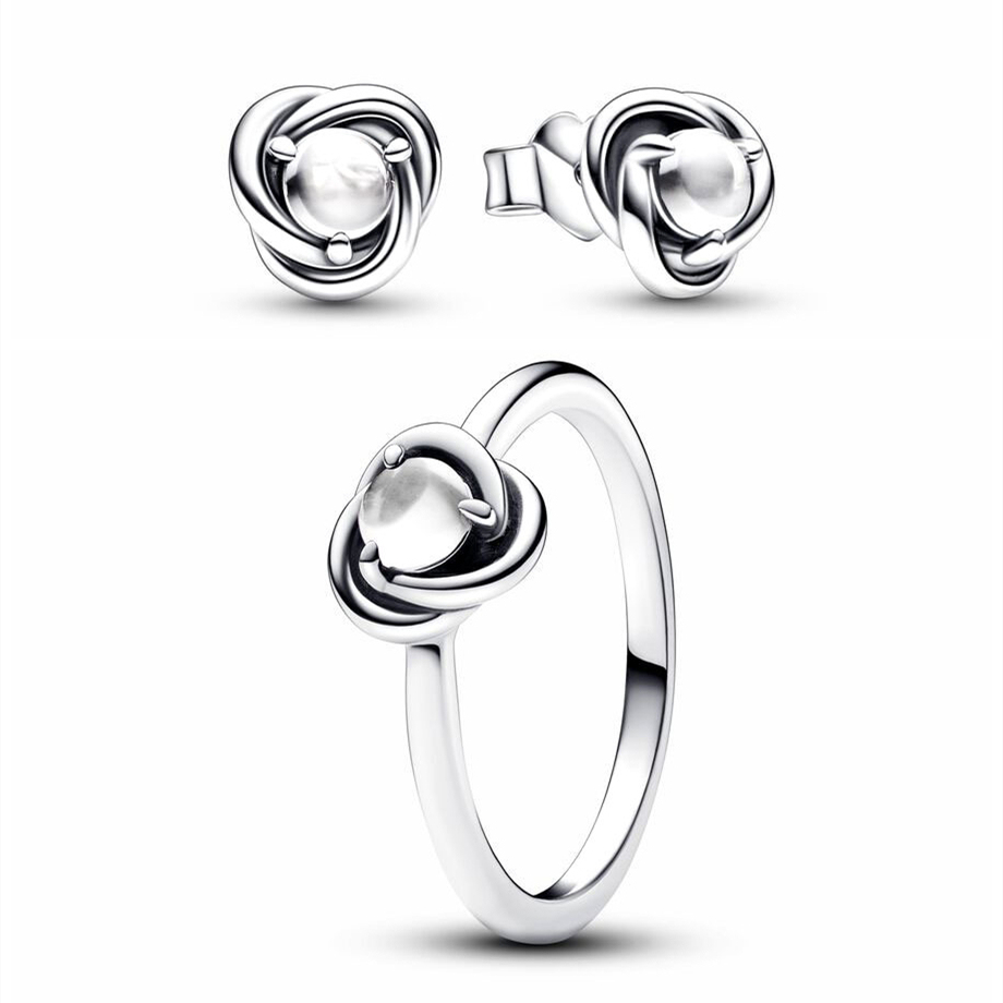 Pandora 925 Sterling Silver April Birthstone Eternity Circle Ring Stud Earrings