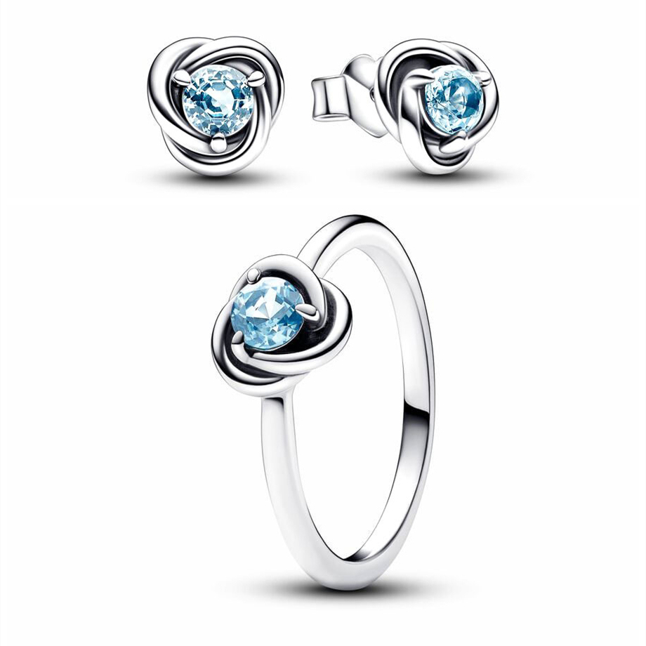 Pandora 925 Sterling Silver March Birthstone Eternity Circle Ring Stud Earrings