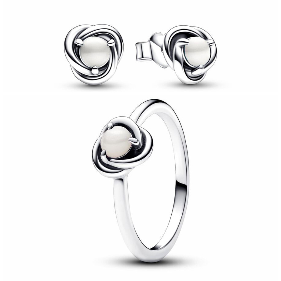 Pandora 925 Sterling Silver June Birthstone Eternity Circle Ring Stud Earrings