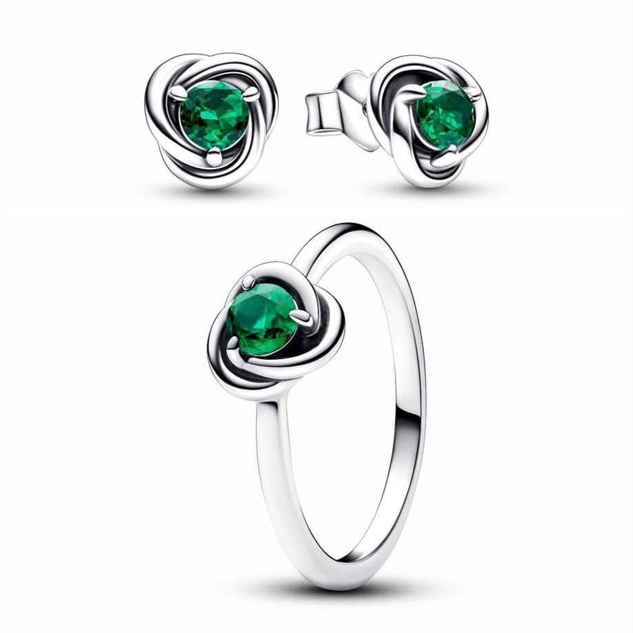 Pandora 925 Sterling Silver May Birthstone Eternity Circle Ring Stud Earrings