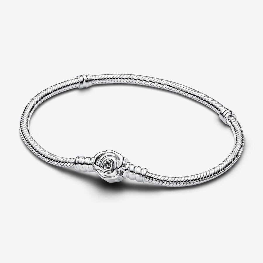 New Pandora Rose in Bloom Clasp Snake Chain Bracelet