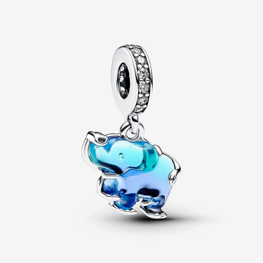 New Pandora Blue Hollow out Murano Glass Elephant Dangle Charm Set
