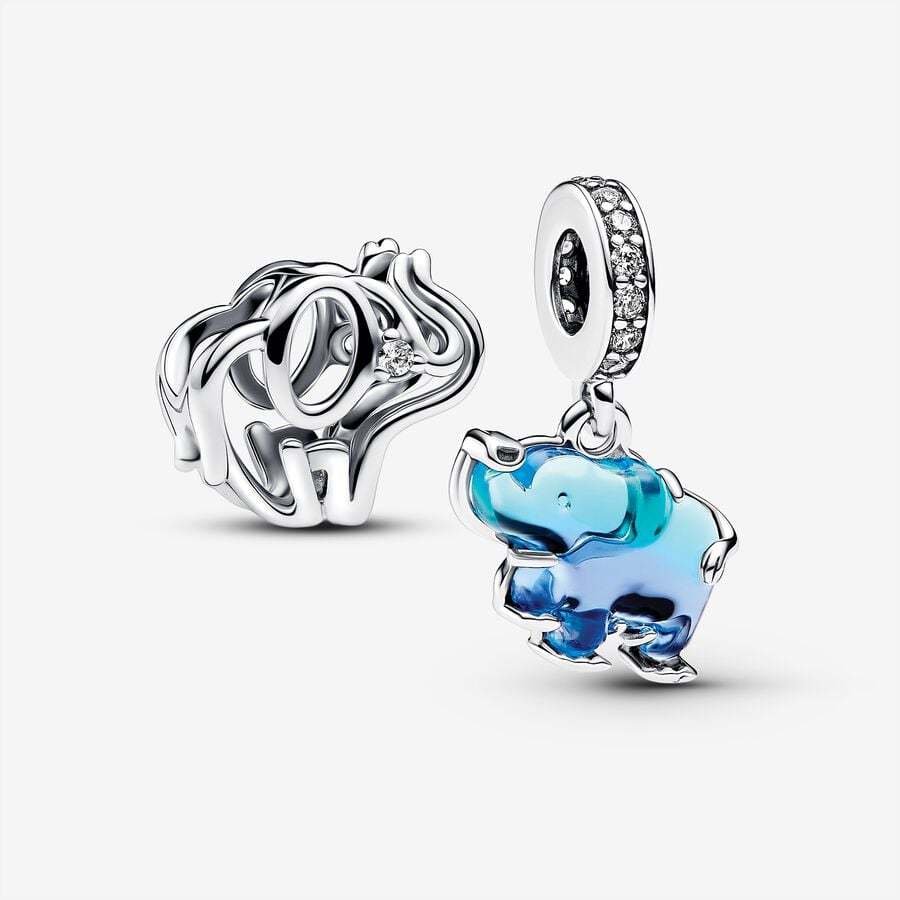 New Pandora Blue Hollow out Murano Glass Elephant Dangle Charm Set