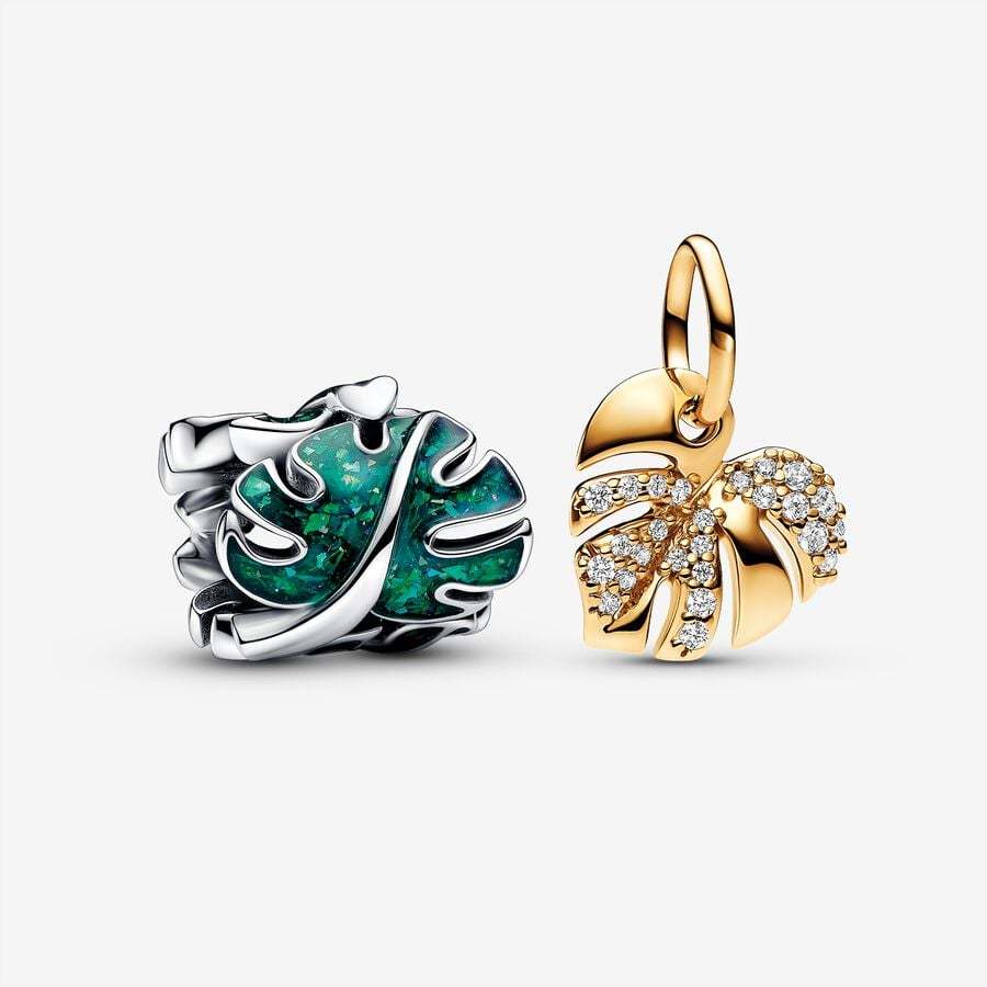 Pandora Green Sparkling Monstera Leaves Charm Set