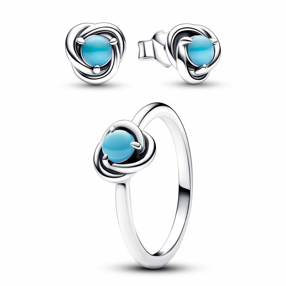 Pandora 925 Sterling Silver December Birthstone Eternity Circle Ring Stud Earrings