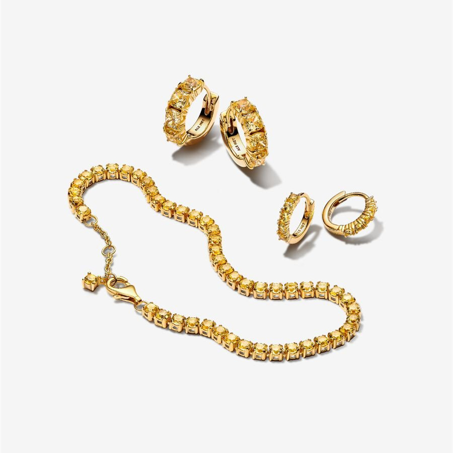 Pandora Golden Sparkling Yellow Tennis Bracelet & Earrings Set