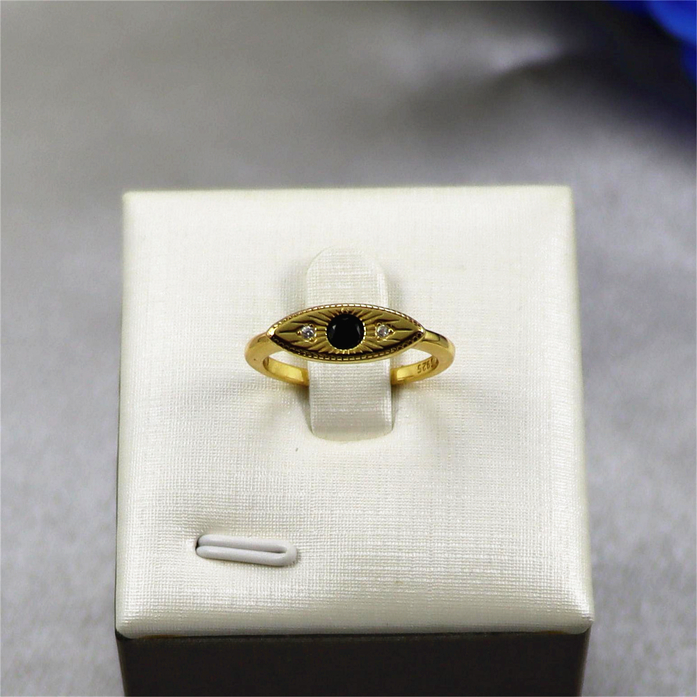S925 Sterling Silver Black Diamond Gold Accent Open Ring