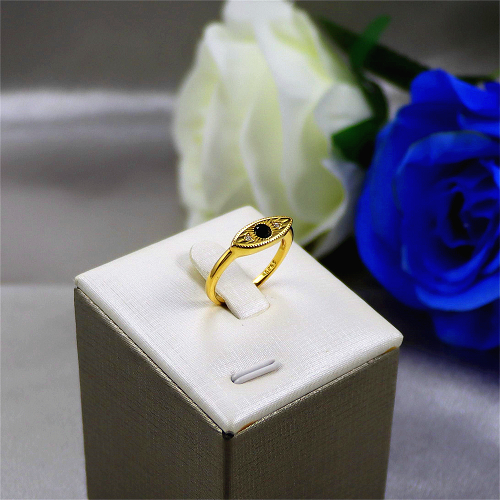 S925 Sterling Silver Black Diamond Gold Accent Open Ring