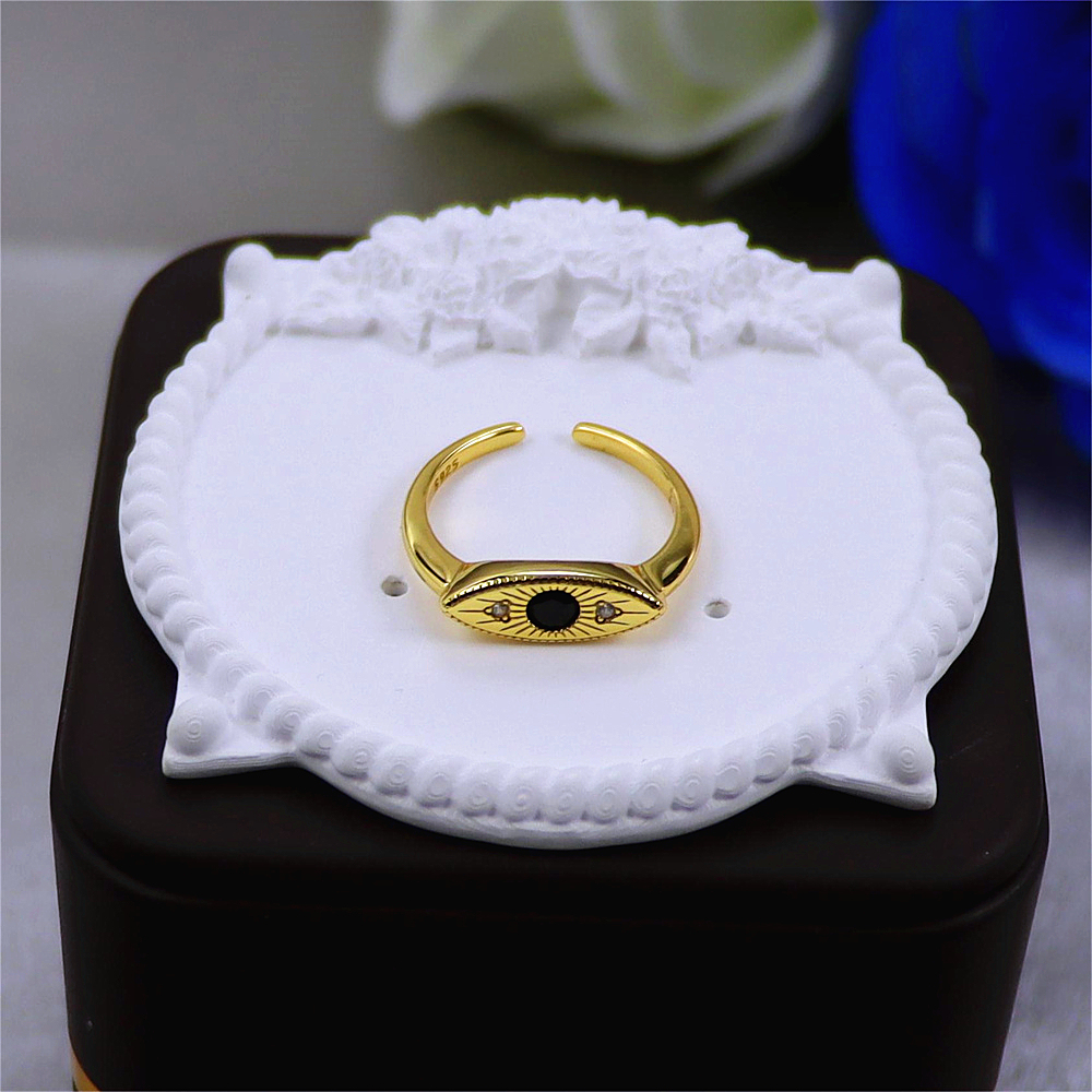 S925 Sterling Silver Black Diamond Gold Accent Open Ring
