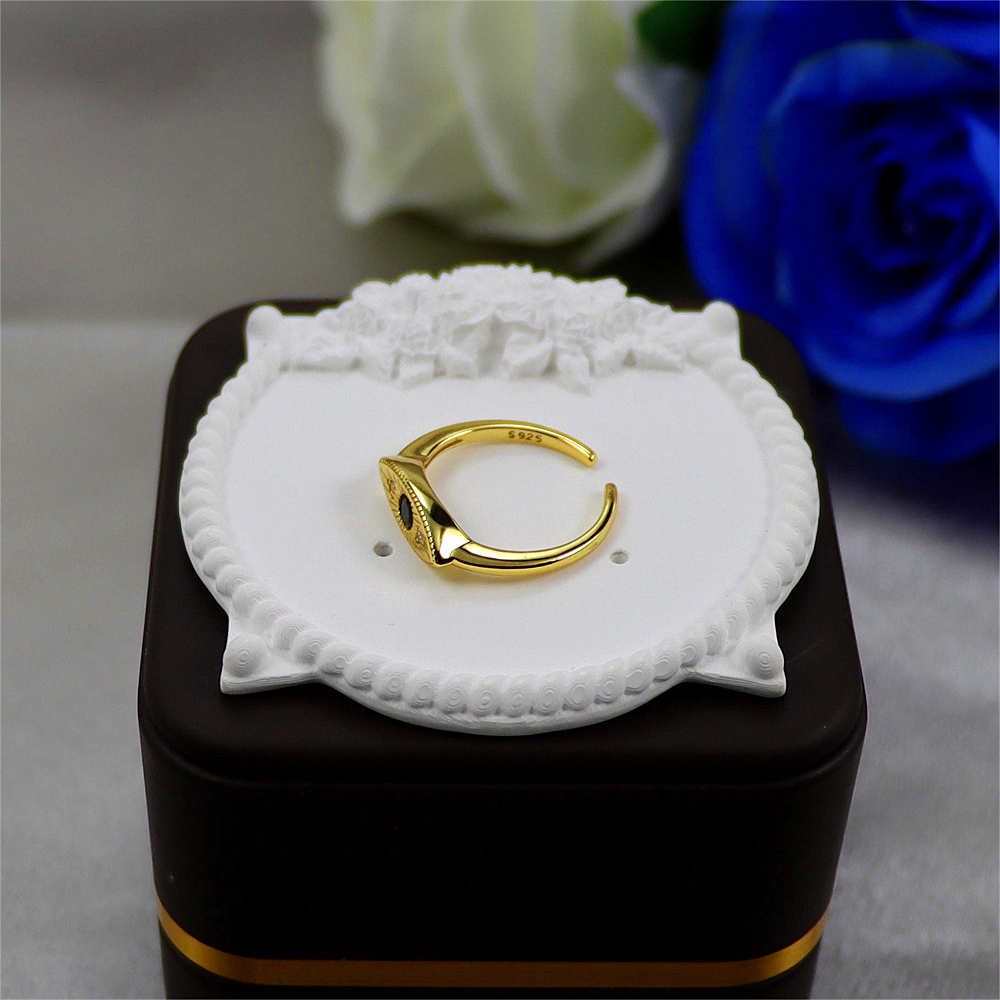 S925 Sterling Silver Black Diamond Gold Accent Open Ring