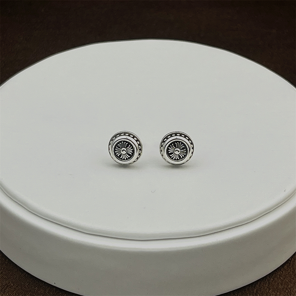 925 Sterling Silver Gothic Cross Flower Earrings for Women - Punk Vintage Round Studs Earrings