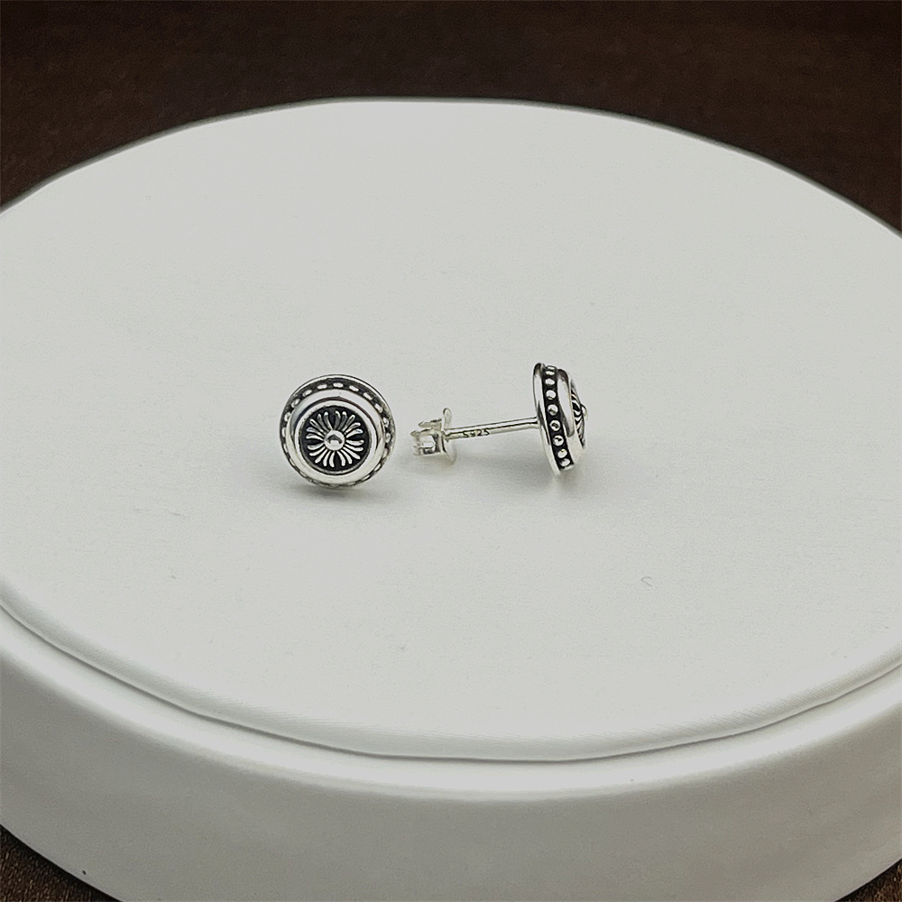 925 Sterling Silver Gothic Cross Flower Earrings for Women - Punk Vintage Round Studs Earrings